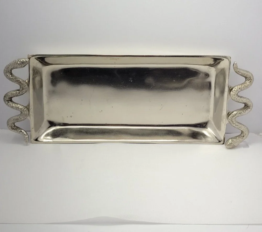 Snake Handle Silver Serving Tray Food Safe India Vanity Bar Coffee Table Decor